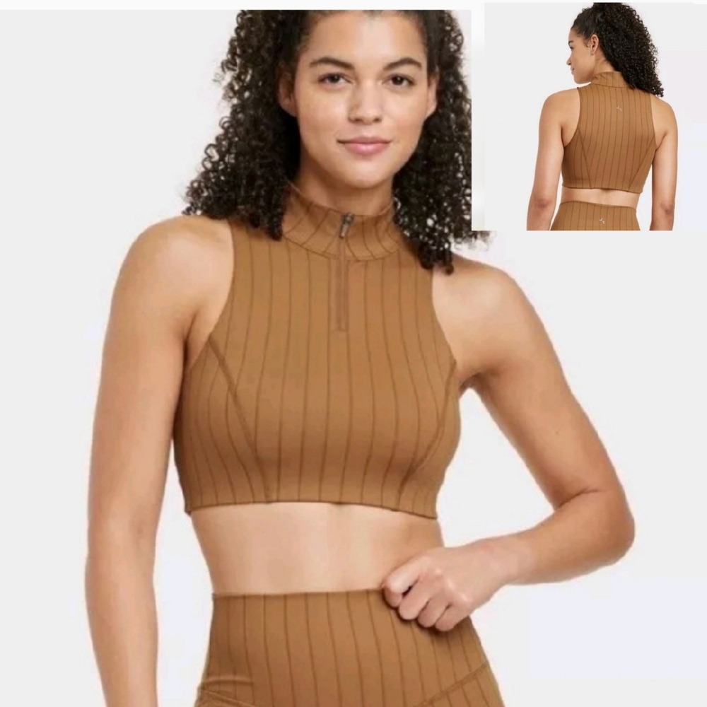 JoyLab Women's High Neck Zip Up Athletic Bra Striped ~ Longline Bra ~ Brown